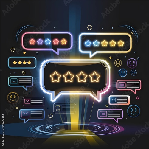 Futuristic Neon Five-Star Rating and Customer Feedback System with Glowing Speech Bubbles, Emojis, and Digital Review Icons Representing Online Reviews and User Satisfaction in a High-Tech Virtual Int