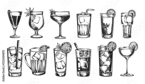Black and white vector illustration, engraved cocktail glasses, vintage drawing, barware, classic design, wine glass, drinkware set, alcohol, retro style, beverages, engraved drinkware