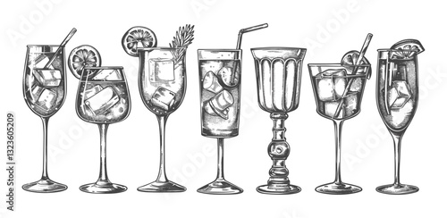 Engraved drinkware set, vector black and white illustration, cocktail glasses, wine glass, barware, classic design, line art, vintage drawing, whiskey glass, tumbler, beer mug