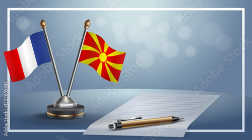 France and Macedonia National flags on small table with bokeh background, cooperative relationship. Template vector Illustration