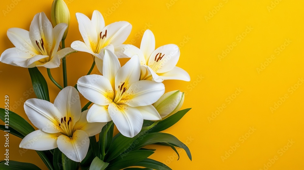 Elegant White Lily Bouquet on Vibrant Yellow Spring Floral Flat lay with Copy Space Elegant White Lily Bouquet on Vibrant Yellow Spring Floral Flat lay with Copy Space