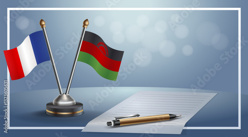 France and Malawi National flags on small table with bokeh background, cooperative relationship. Template vector Illustration