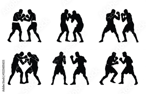 Boxer connecting a knockout punch Silhouette Vector Set, Two Boxers Fighting Vector Black Clipart bundle