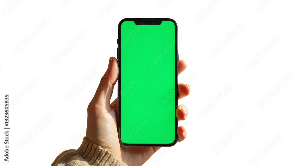 Hand holding smartphone with green screen display in bright living room