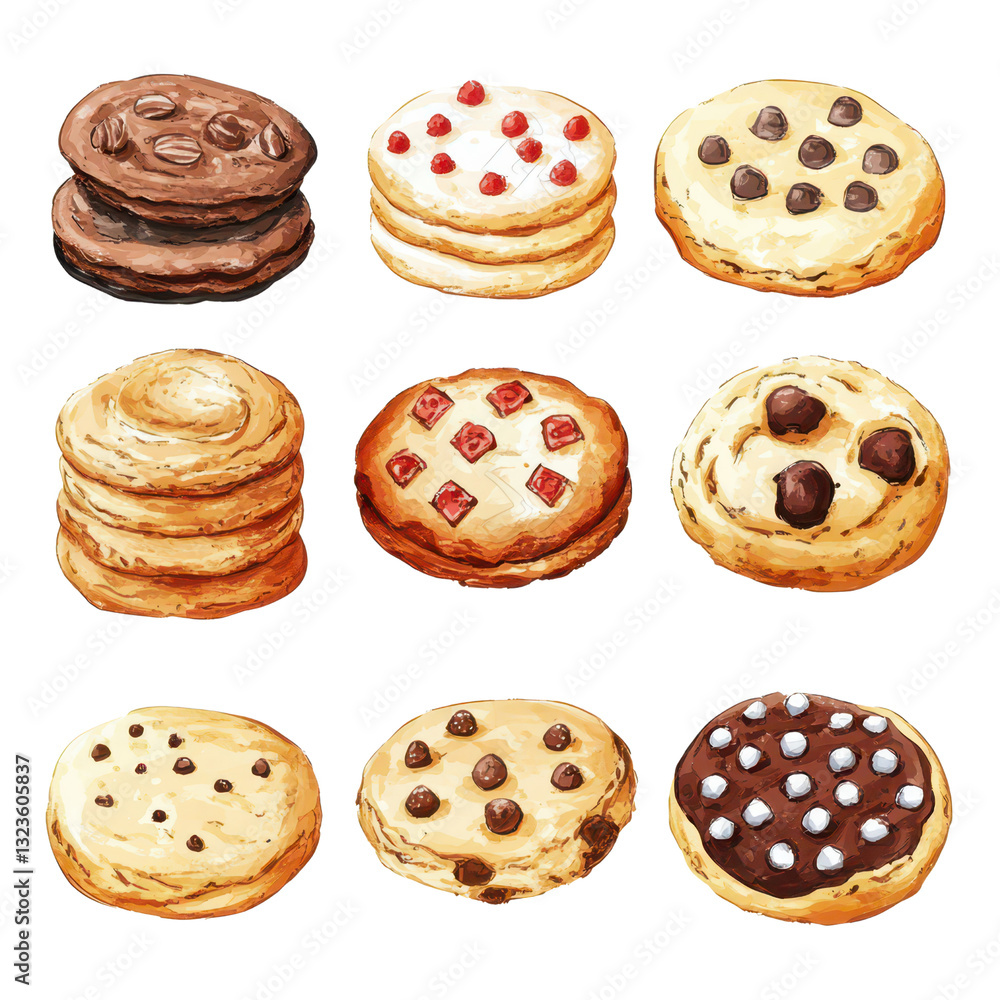 Assorted delicious cookies in various flavors and designs