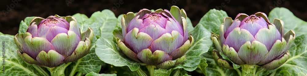 Obraz premium Fresh Artichoke Trio Three Globes With Textured Green Outer Leaves Surrounding Tender Hearts
