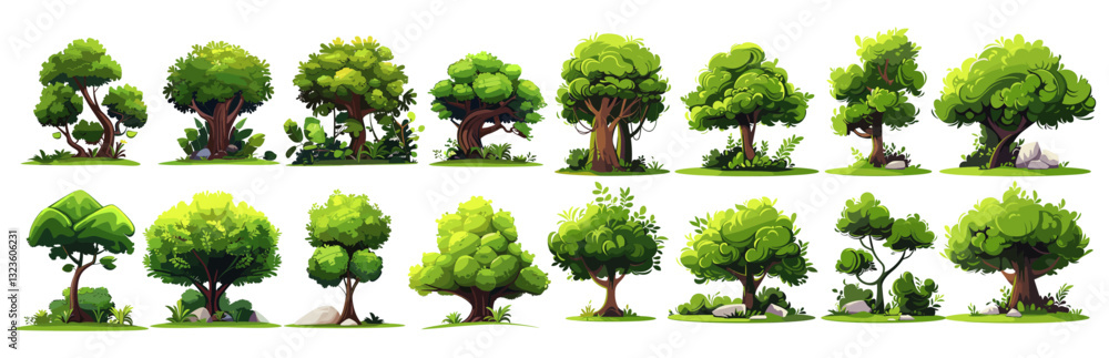 Obraz premium Vector cartoon clipart of bush trees, isolated on white background, nature elements, green plants, eco illustrations, landscape design, environmental art, tree foliage, outdoor