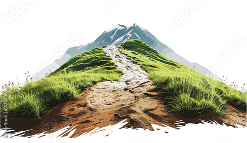 Dirt road to mountain top, isolated, white background, scenic, nature path, trekking route, outdoor adventure, travel destination, rugged terrain, mountain road, hiking trail,