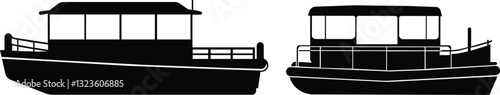 Pontoon boat icon set.Passenger transportation canopy marine leisure activity.Water transport ship vessel sea ocean river comfortable cruise recreation.boat Vector Illustrations for Design.