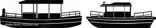 Pontoon boat icon set.Passenger transportation canopy marine leisure activity.Water transport ship vessel sea ocean river comfortable cruise recreation.boat Vector Illustrations for Design.