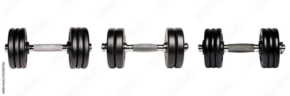 Three metal dumbbells isolated on transparency background, showcasing fitness equipment Three metal dumbbells isolated on transparency background, showcasing fitness equipment