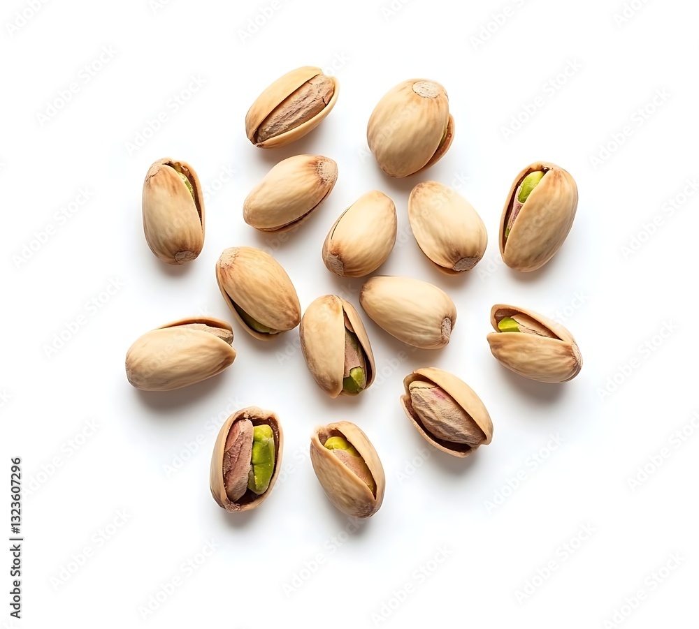 A top view of pistachios falling against a clean white background, showcasing their vibrant green shells and unique shapes in a dynamic, scattered arrangement. A top view of pistachios falling against a clean white background, showcasing their vibrant green shells and unique shapes in a dynamic, scattered arrangement.