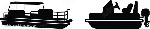 Pontoon boat icon set.Passenger transportation canopy marine leisure activity.Water transport ship vessel sea ocean river comfortable cruise recreation.boat Vector Illustrations for Design.