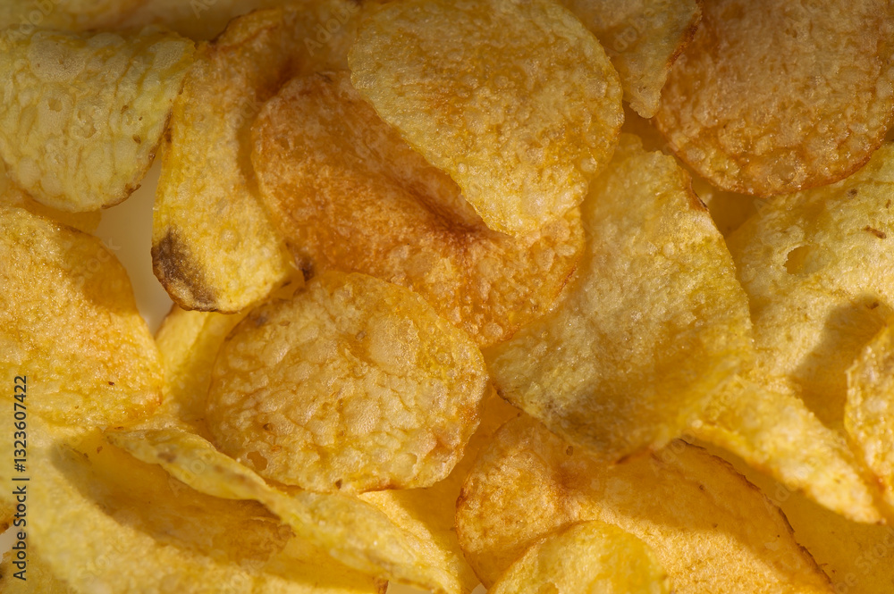 Crunchy golden potato chips in a tempting pile ready for snacking during a casual gathering Crunchy golden potato chips in a tempting pile ready for snacking during a casual gathering