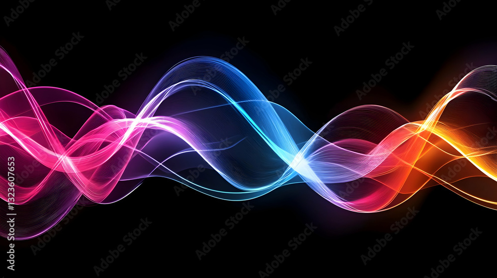 Obraz premium Abstract Digital Waves Displaying Dynamic Motion with Glowing Particles in a Colorful Spectrum against Black Background