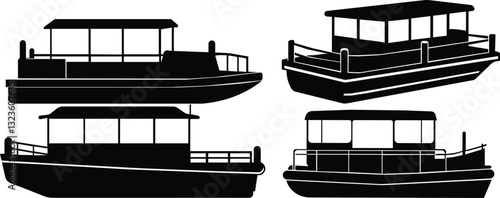 Pontoon boat icon set.Passenger transportation canopy marine leisure activity.Water transport ship vessel sea ocean river comfortable cruise recreation.boat Vector Illustrations for Design.