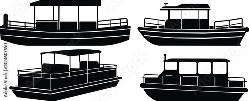 Pontoon boat icon set.Passenger transportation canopy marine leisure activity.Water transport ship vessel sea ocean river comfortable cruise recreation.boat Vector Illustrations for Design.