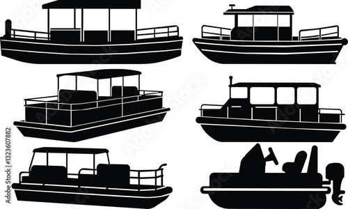 Pontoon boat icon set.Passenger transportation canopy marine leisure activity.Water transport ship vessel sea ocean river comfortable cruise recreation.boat Vector Illustrations for Design.