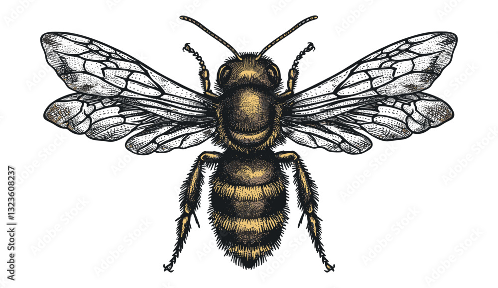 Vector engrave, hand drawn bee, isolated bee illustration, insect vector art, botanical drawing, detailed bee sketch, nature graphic, engraved bee, bee artwork, sketch of bee