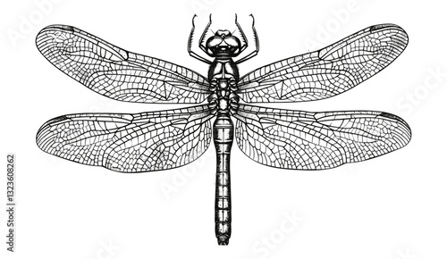 Engrave vector dragonfly isolated hand drawn graphic illustration, nature art, insect design, detailed sketch, wildlife illustration, engraved artwork, line art, bug drawing