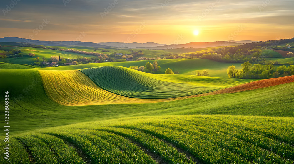 Obraz premium Generate an image of green fields, with different colors of green, the sky can be like evening, or dawn, or evening when the sun sets, the landscape is more diverse, somewhere in the distance there ca