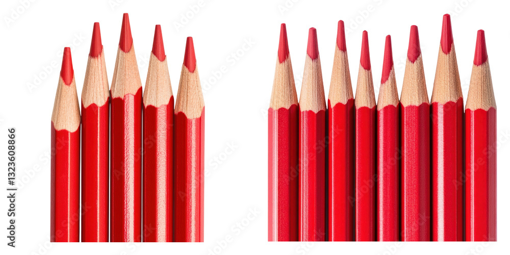 Naklejka premium Red colored pencils arranged in two groups on transparency background