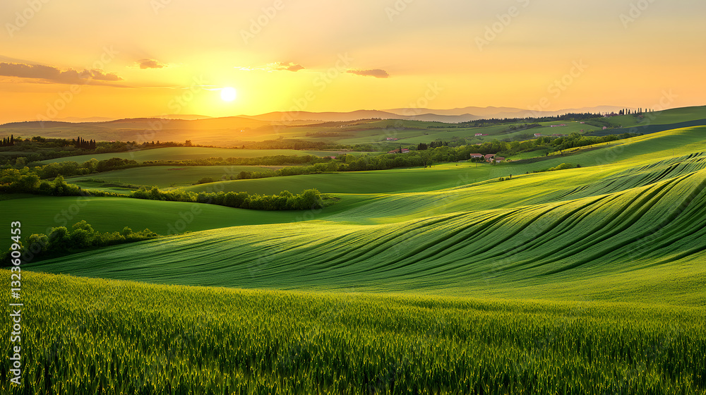 Obraz premium Generate an image of green fields, with different colors of green, the sky can be like evening, or dawn, or evening when the sun sets, the landscape is more diverse, somewhere in the distance there ca