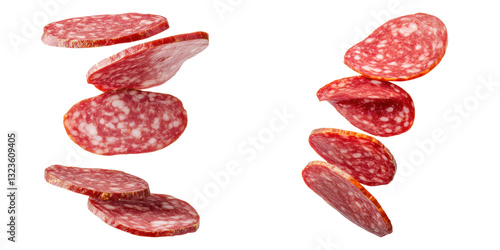 Slices of salami floating against transparency background, showcasing texture