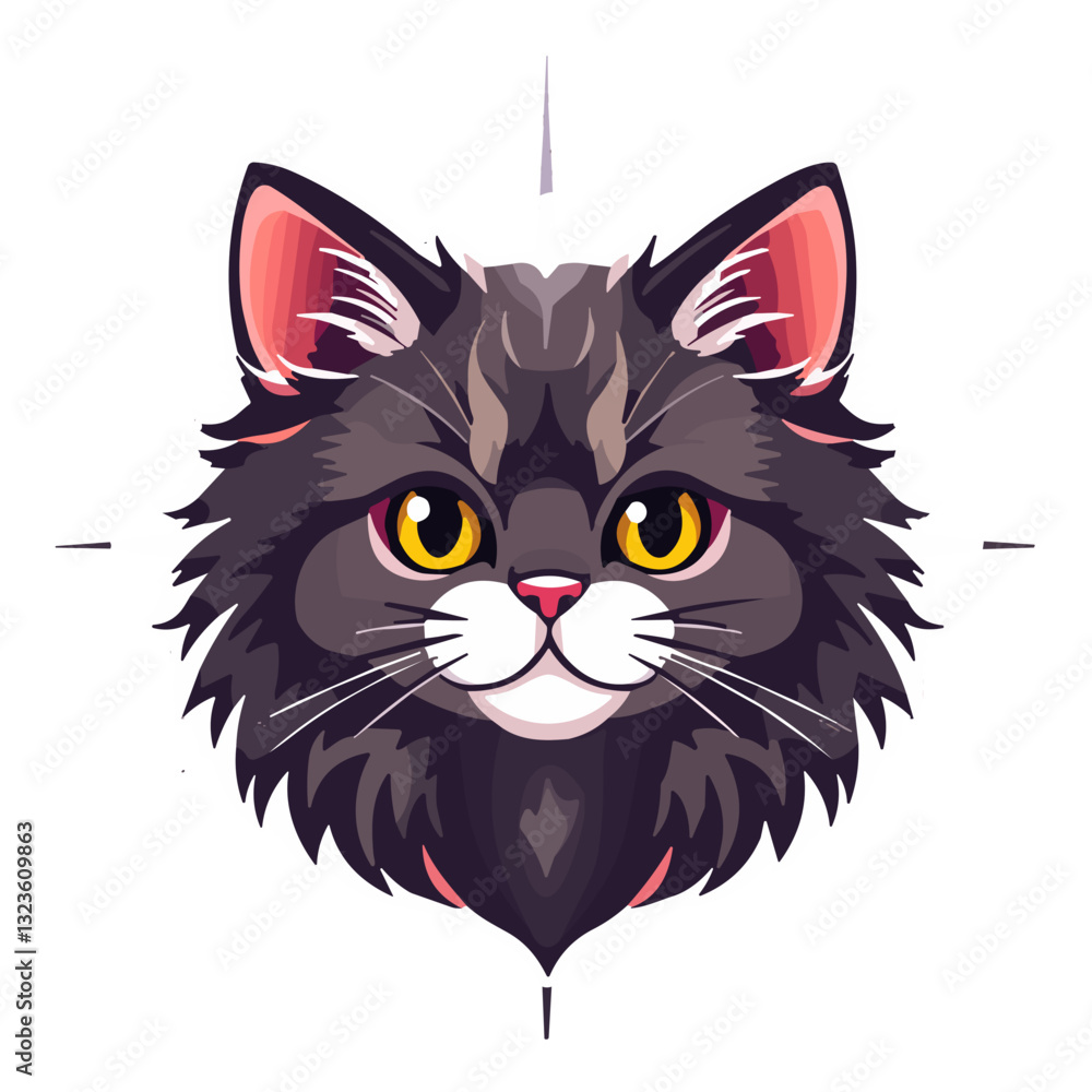 Stylized cat face illustration with bright yellow eyes on white background copy space Stylized cat face illustration with bright yellow eyes on white background copy space