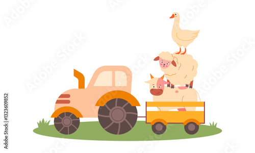 Tractor with trailer and cute animals. Farm concept