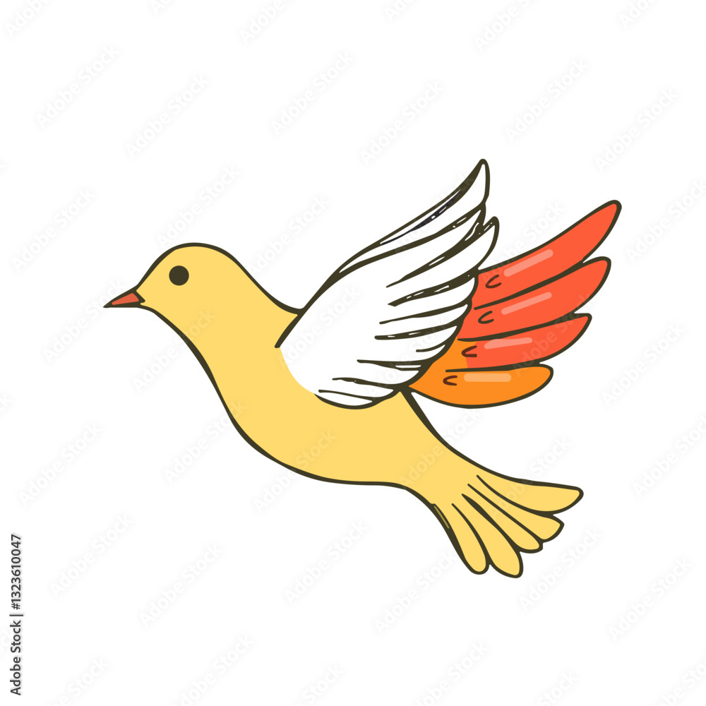 Fototapeta premium Playful cartoon yellow bird with colorful wings in flight on white background copy space