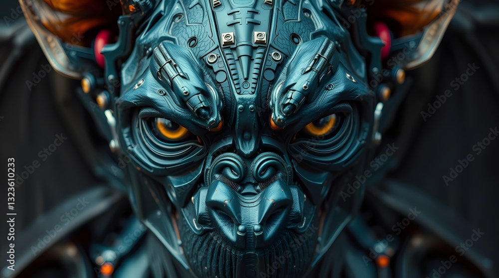 Naklejka premium A highly detailed close-up of a robotic, cybernetic beast with glowing orange eyes and intricate mechanical features. The face is a fusion of metallic surfaces and sharp design, giving it a fierce and