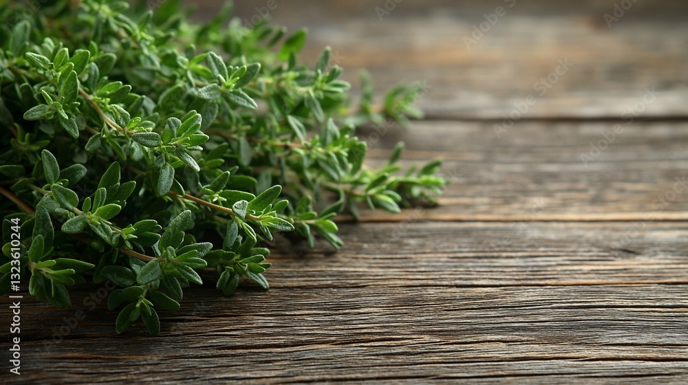 Fresh thyme sprigs arranged on a rustic wooden table, evoking a cozy kitchen atmosphere Fresh thyme sprigs arranged on a rustic wooden table, evoking a cozy kitchen atmosphere