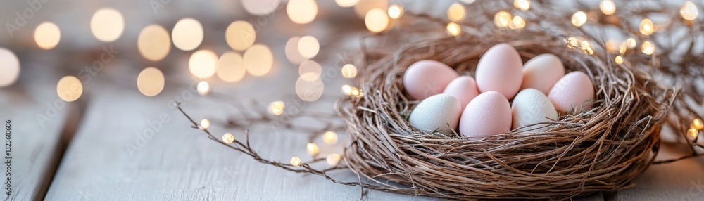 A rustic border features woven bird nests containing soft pastel eggs, enhanced by glowing fairy lights A rustic border features woven bird nests containing soft pastel eggs, enhanced by glowing fairy lights