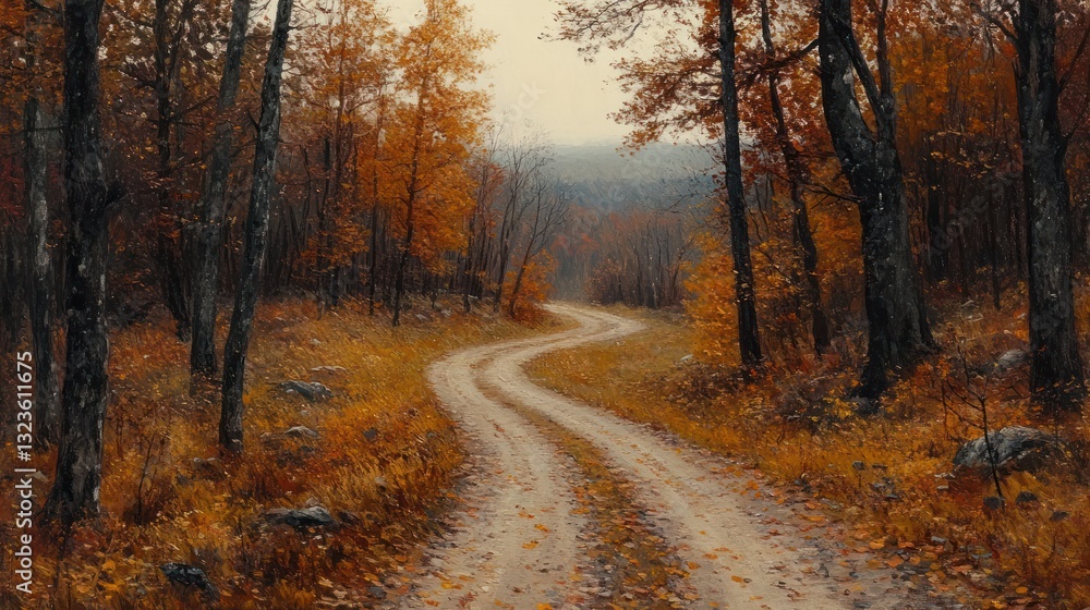 Obraz premium Winding autumn road, forest, misty hills, fall landscape, print