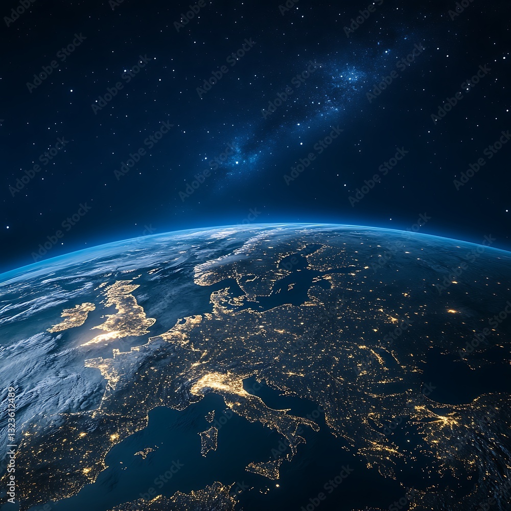 Fototapeta premium Europe at Night A Stunning Satellite View of City Lights and the Milky Way.