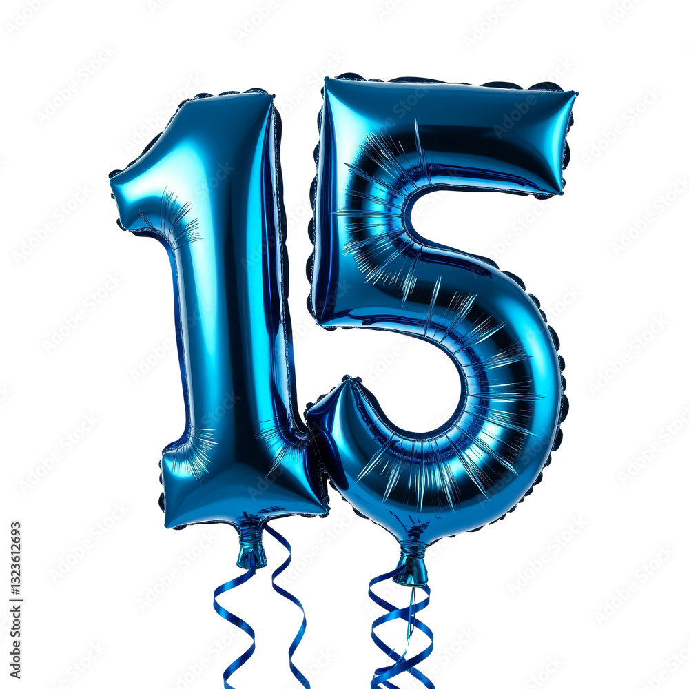 Number Fifteen Blue Foil Balloons with Ribbons, transparent background
