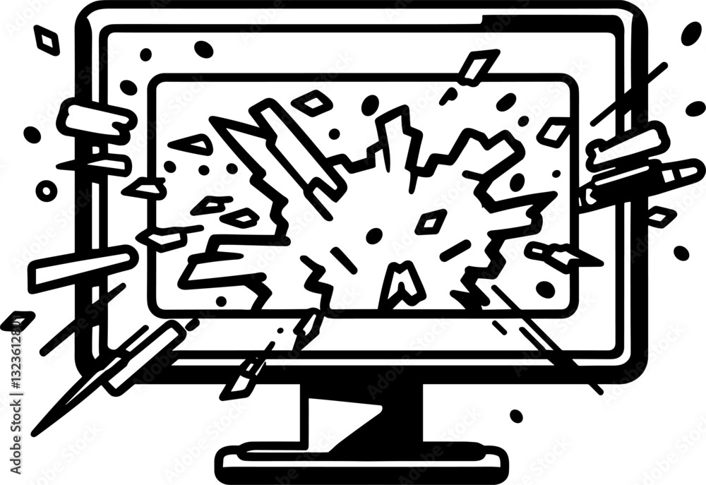 Shattered Screen: A Broken Monitor Displaying Digital Destruction Shattered Screen: A Broken Monitor Displaying Digital Destruction