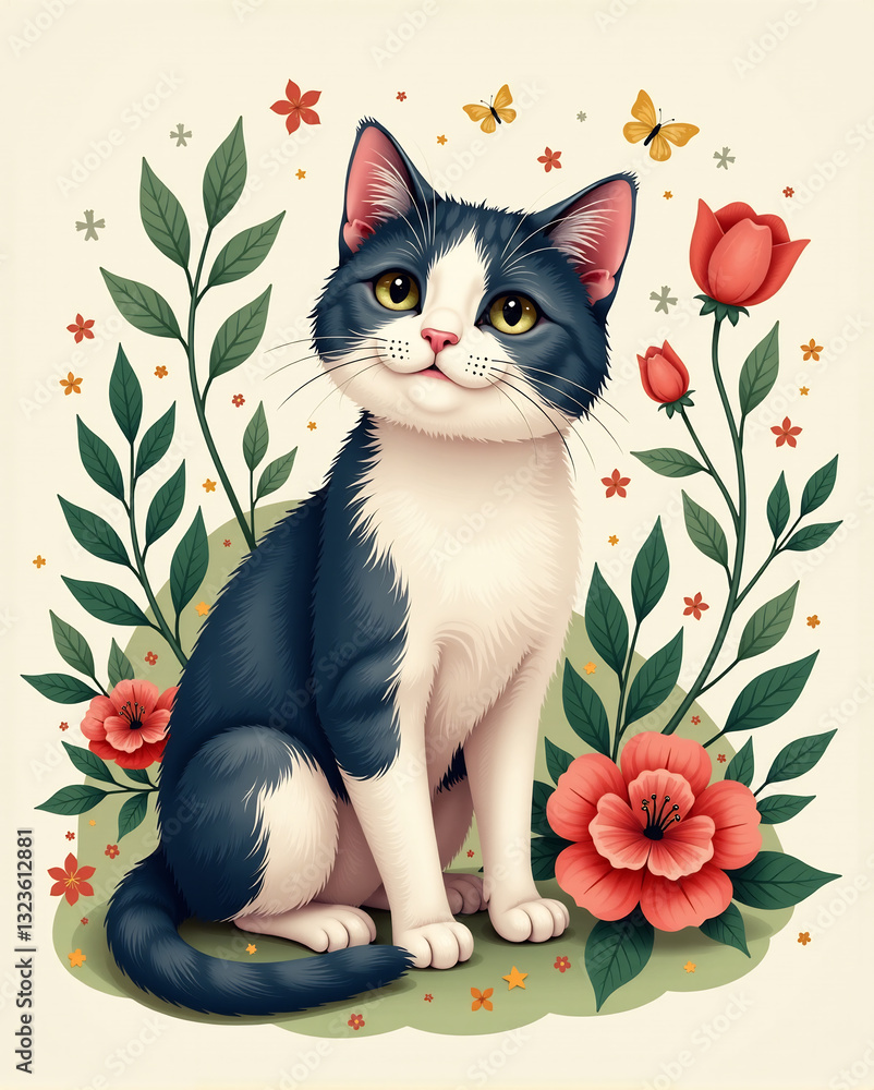 Nature Lover Cat: Feline Surrounded by Floral Patterns Nature Lover Cat: Feline Surrounded by Floral Patterns