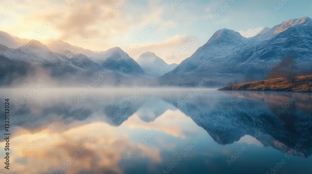Fototapeta premium Misty Sunrise Lake, Mountain Reflection, Calm