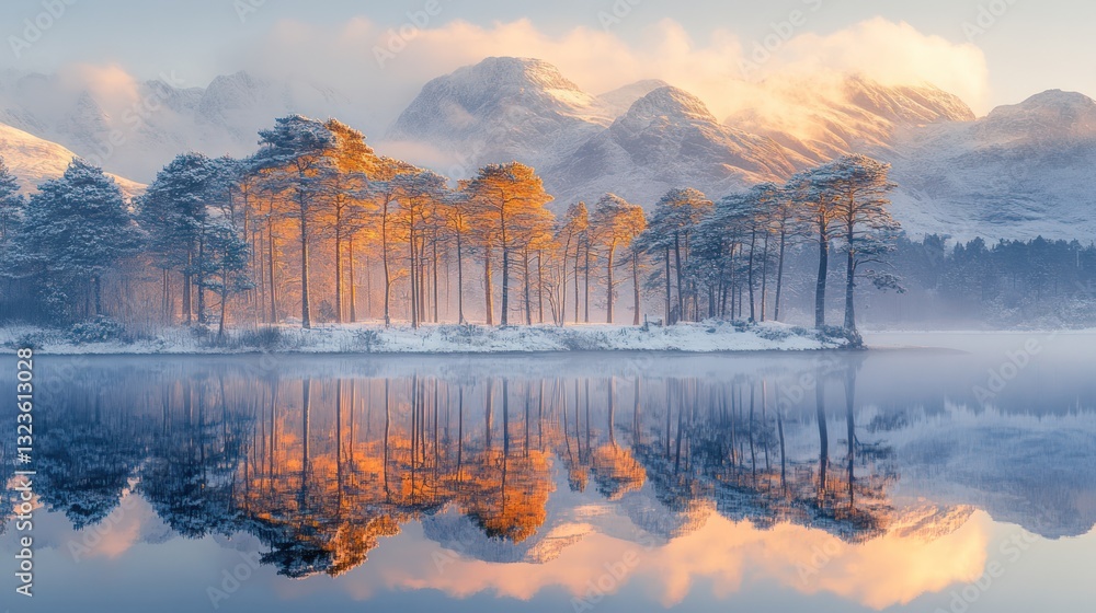 Obraz premium Sunrise, snowy pines, mountain lake reflection