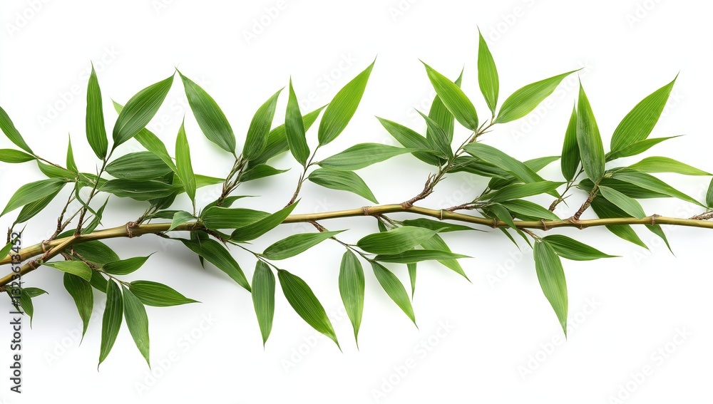 Close-up of a bamboo branch with lush green leaves against a white backdrop. Generative AI Close-up of a bamboo branch with lush green leaves against a white backdrop. Generative AI