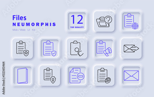 Files set icon. Document security, checklist, file search, clipboard approval, data analysis, email, archive, official record, report verification, file transfer, business communication