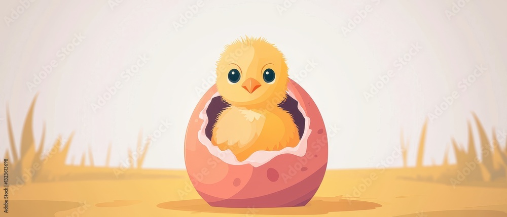Fototapeta premium A cute chick emerging from a pink eggshell in a serene environment.