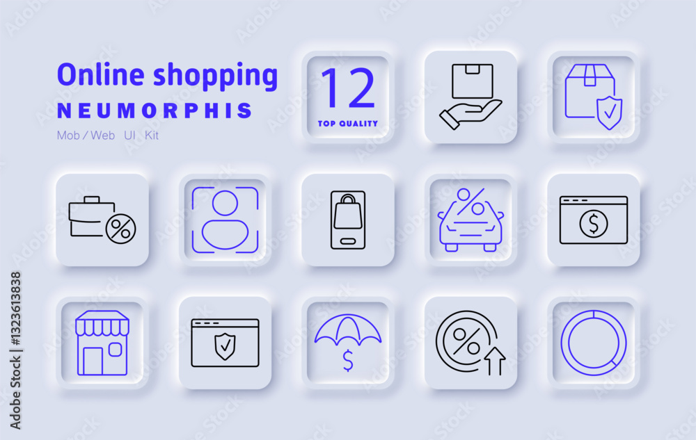 Online shopping set icon. Product delivery, secure payment, e-commerce security, shopping app, car purchase, marketplace, discount percentage, financial protection, online store, retail transactions Online shopping set icon. Product delivery, secure payment, e-commerce security, shopping app, car purchase, marketplace, discount percentage, financial protection, online store, retail transactions