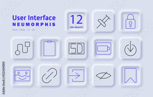 User interface set icon. Pin function, security lock, clipboard, SD card, download button, file sharing, battery status, link, exit button, hidden elements, bookmark