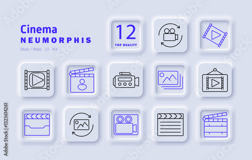 Cinema set icon. Movie reel, clapperboard, video playback, film camera, image gallery, storyboard, digital media, recording, motion picture, production