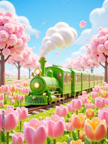 Cute green steam train running through blooming pink cherry blossoms and tulips under blue sky. Suitable for children’s books, spring themes, fantasy designs, and joyful greeting card scenes.