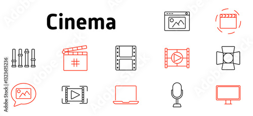 Cinema set icon. Film production, clapperboard, video editing, lighting, broadcasting, screenplay, microphone, computer, streaming, movie industry, recording, entertainment