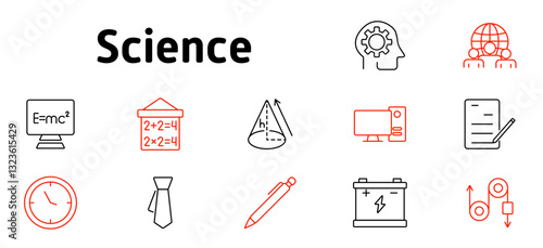 Science set icon. Mathematics, physics, engineering, research, global knowledge, data analysis, writing, experiment, computation, innovation, technology, education
